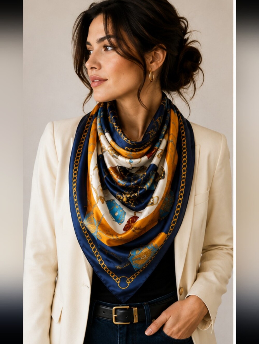 NEW 35” Navy Gold Baroque Handbag Chain Print Silky Scarf